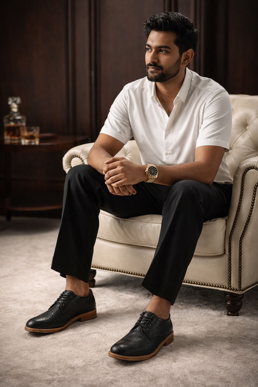 Man sitting on a white armchair wearing a white shirt and black pants, with a watch on his wrist. FOSSIL Dendroaspis Black Textured Leather Derby Shoes for Men - Kyoto Boots
