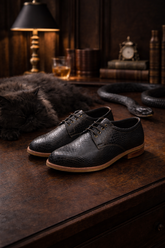 Black leather shoes on a wooden surface with a dark, cozy background FOSSIL Dendroaspis Black Textured Leather Derby Shoes for Men - Kyoto Boots