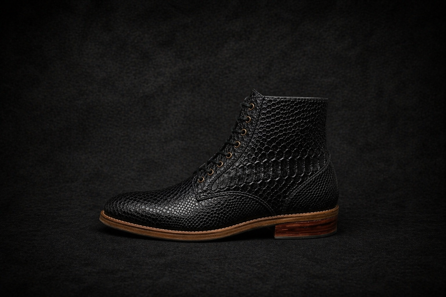 Black textured boot on a dark background FOSSIL Dragon Tail Black Lace-Up Leather Dress Boot for Men - Kyoto Boots