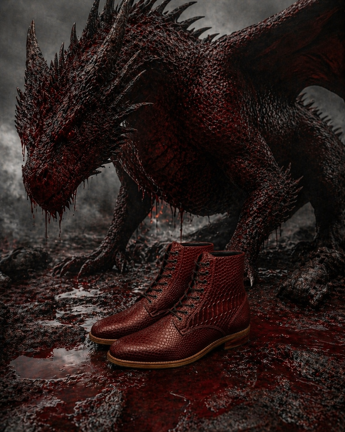 Red leather boots in front of a dark fantasy dragon FOSSIL Dragon Blood Oxblood Red Lace-Up Leather Dress Boot for Men - Kyoto Boots