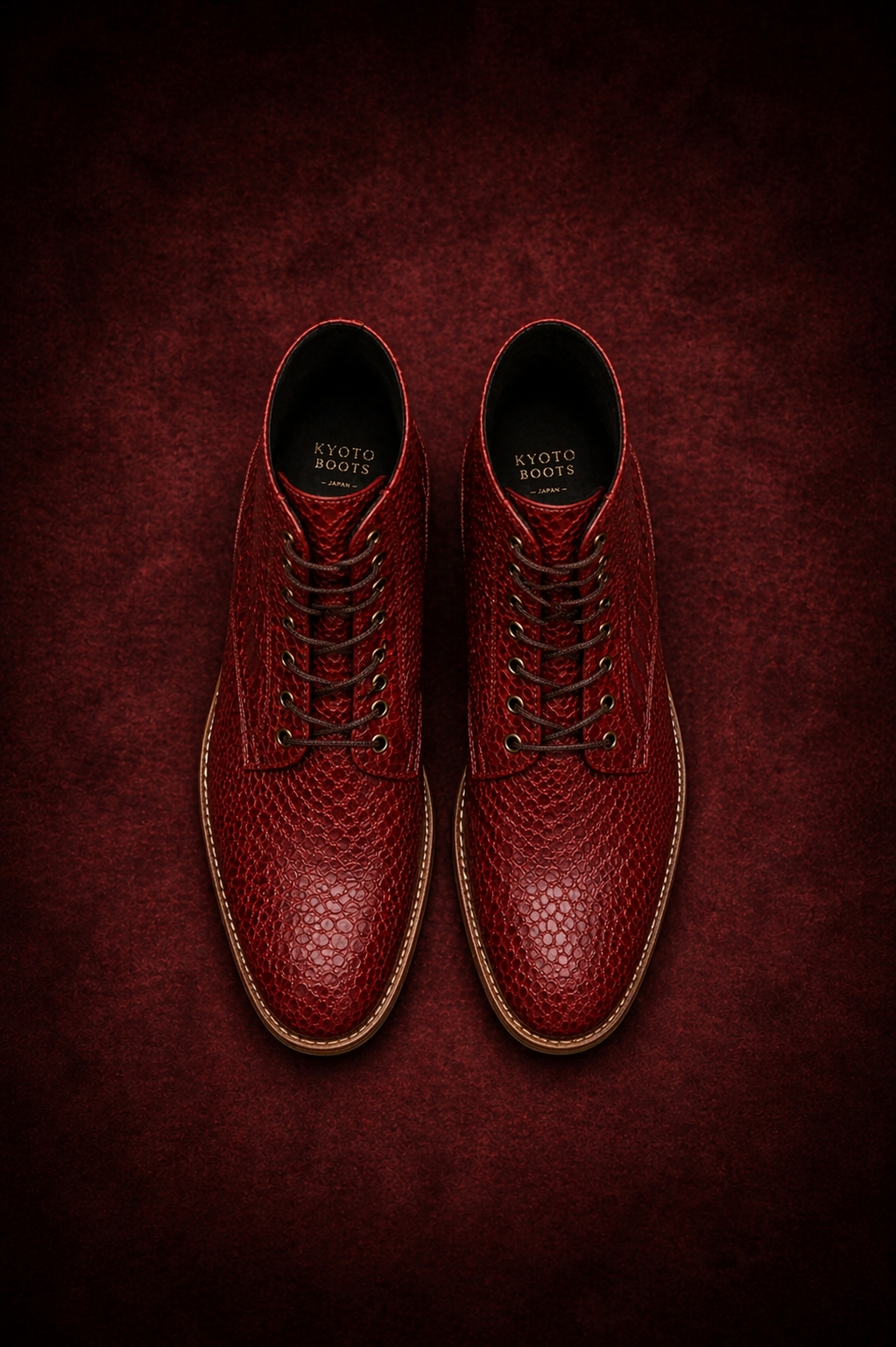 Red leather boots on a dark red background FOSSIL Dragon Blood Oxblood Red Lace-Up Leather Dress Boot for Men - Kyoto Boots