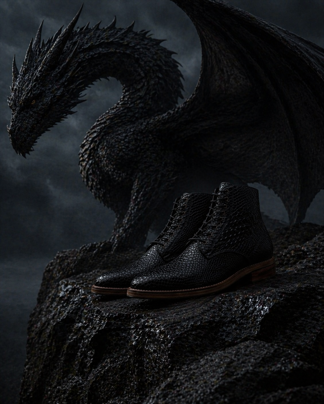 Black dragon and black leather shoes on a dark background FOSSIL Dragon Tail Black Lace-Up Leather Dress Boot for Men - Kyoto Boots