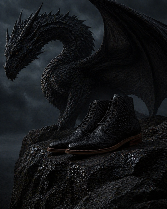 Black dragon and black leather shoes on a dark background FOSSIL Dragon Tail Black Lace-Up Leather Dress Boot for Men - Kyoto Boots