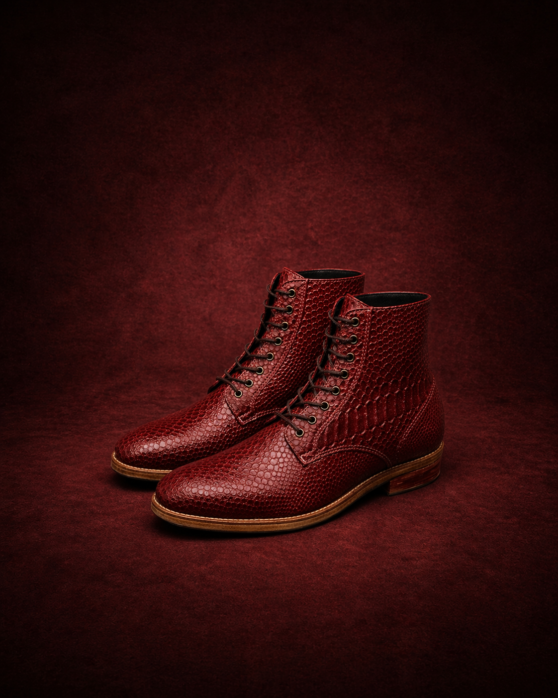 Pair of red leather boots on a dark red background FOSSIL Dragon Blood Oxblood Red Lace-Up Leather Dress Boot for Men - Kyoto Boots