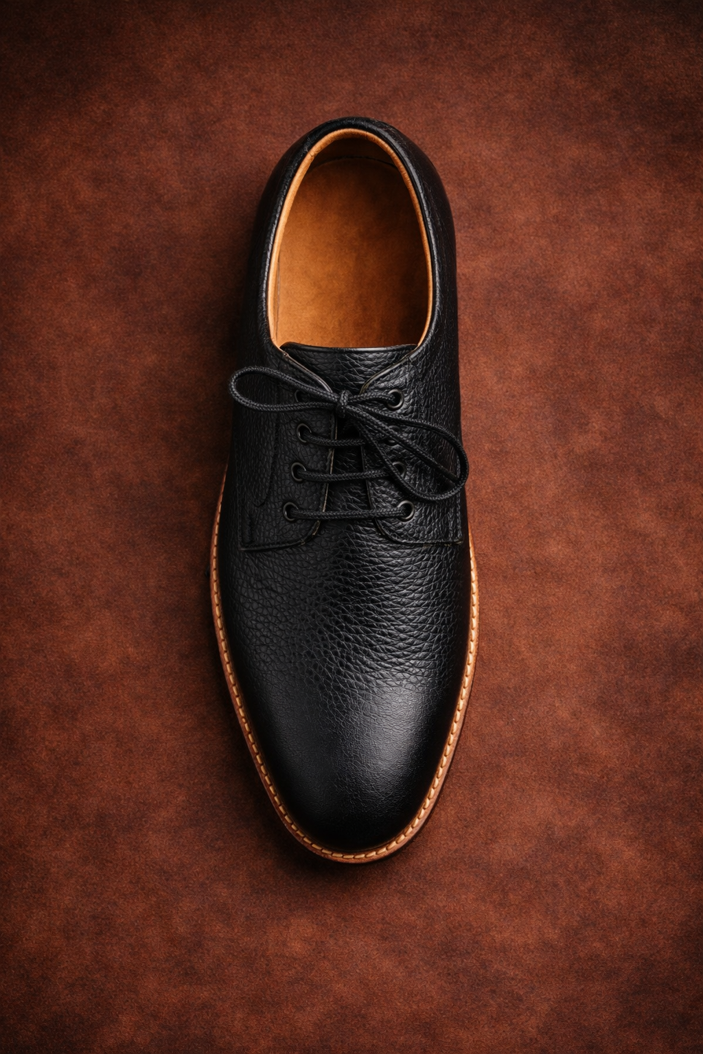 Black leather shoe on a brown textured background Black Ronin Premium Black Leather Derby Shoes for Men - Kyoto Boots