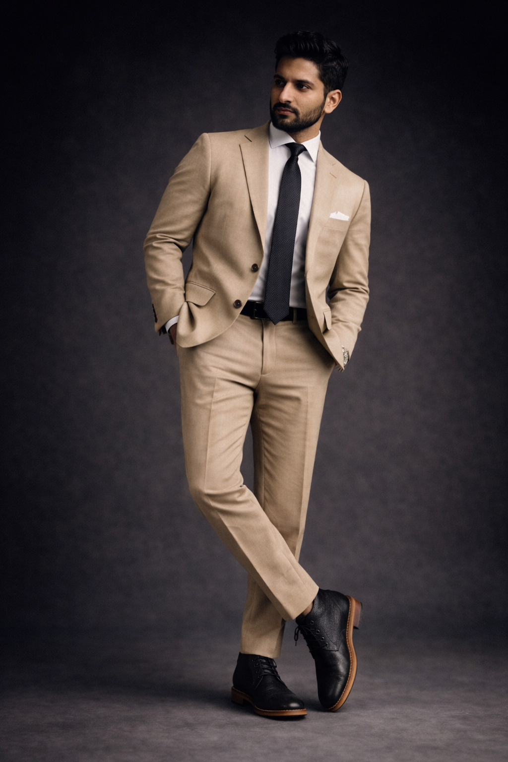 Man wearing a beige suit with a black tie against a dark background Black Ronin Long Premium Black Leather Derby Shoes for Men - Kyoto Boots